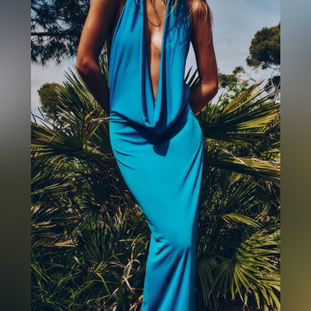 ZARA Blue Draped Halter Long Dress